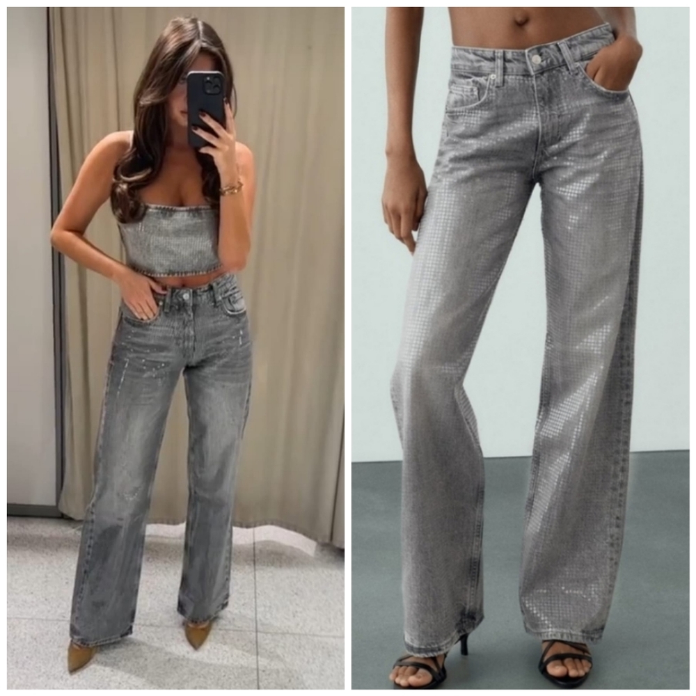 Zara Foil Mid-Rise Wide Leg Sequin Jeans NWT